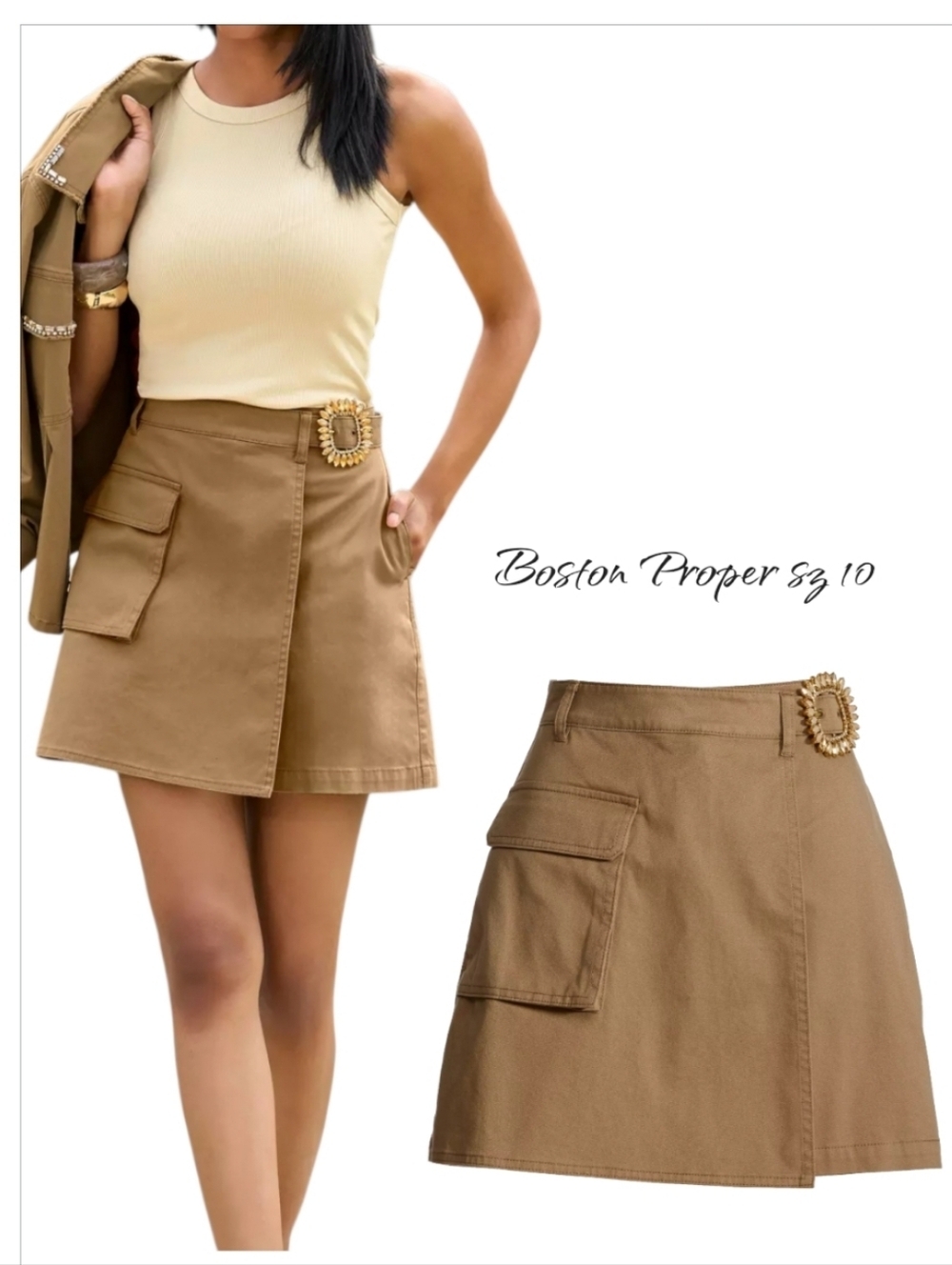 Boston Proper Gemstone Belt Cargo Skort Caramel Brown Size 10